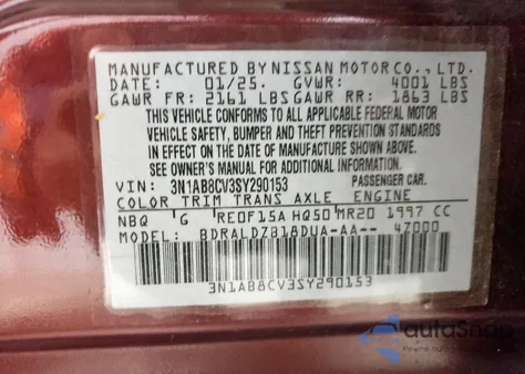 2025 Nissan Sentra Sv from USA, damaged, VIN 3N1AB8CV3SY290153
